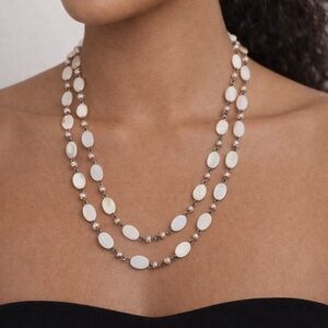 Long Mother of Pearl & Pink Pearl Beaded Necklace – White Blush – 47”